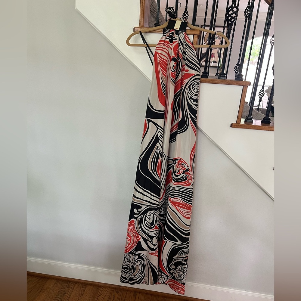 Rozae Nichols 100% silk Halter Maxi Dress with Abstract Print